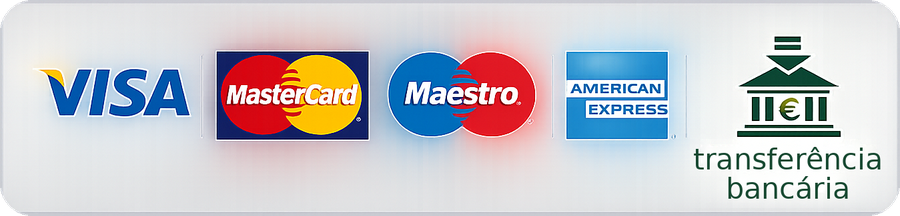 Formas de pagamento: Visa, Mastercard, Maestro, American Express e transferência bancária
